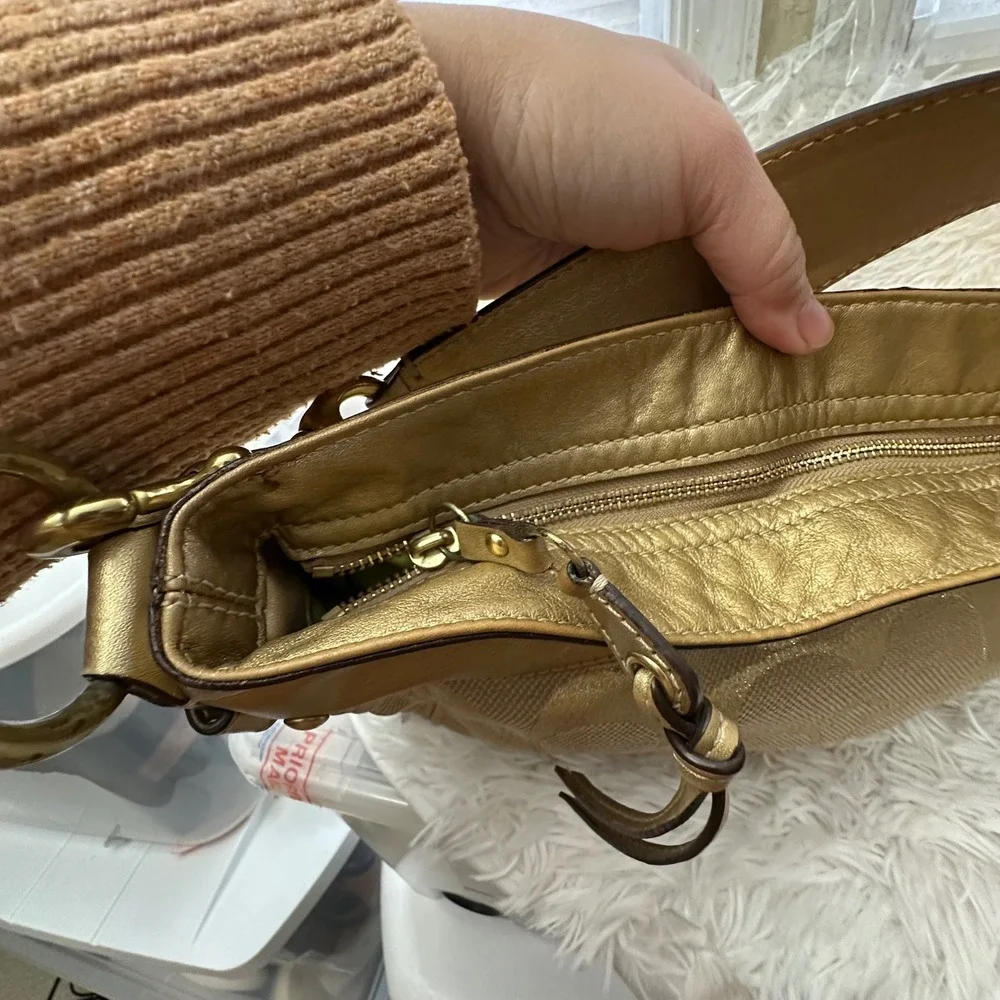 Coach Zoe Signature Metallic‎ Jacquard Print Large Hobo Bag Gold Leather Trims